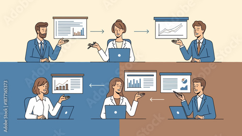 Teamwork and Data Analysis in Business Meeting Illustration