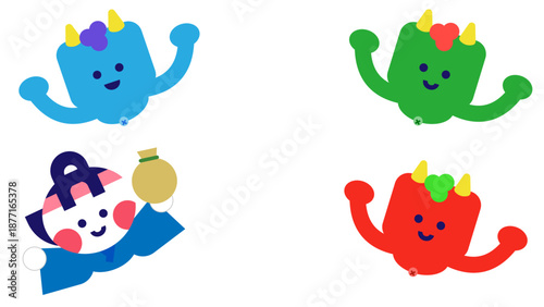 宝を手にした桃太郎と改心した鬼たちのかわいい日本昔話イラスト