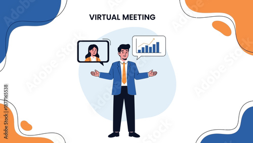 Virtual Meeting Illustration: Man in Suit Video Conferencing with Colleague, Business Growth Chart