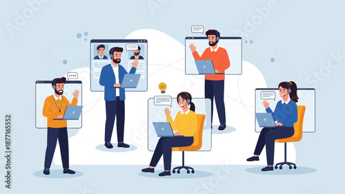 Diverse Team Collaborating Remotely via Video Calls and Laptops