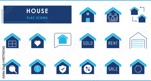 A set of flat icons related to House. Home, sale, sold, rent, insurance, family, shift, sell, love, and so on.
