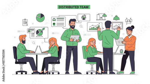 Diverse team collaborating remotely, planning strategy with charts and laptops