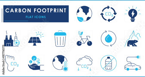 A set of flat icons related to Carbon Footprint. Carbon neutral, green energy, global warming, earth, waste, and so on.
