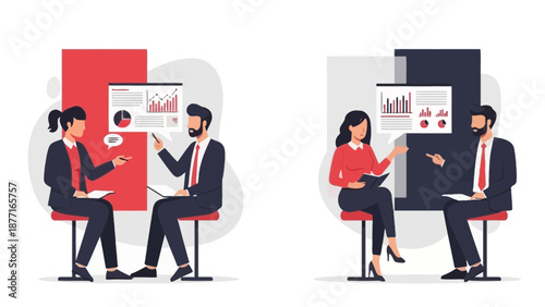 Business meeting with charts and graphs, discussion about analytics and strategy