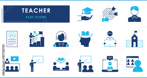 A set of flat icons related to Teacher. Teach, impress, lead, study, focus, embrace, online, coaching, evaluation, and so on.