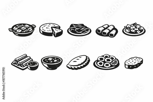 Iconos de cocina española en blanco y negro