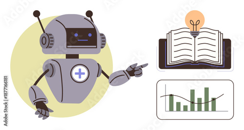 Artificial intelligence, education, data analysis, robotics, technology, innovation. A robot pointing to an open book with a bulb and graph chart. Robotics and education concept