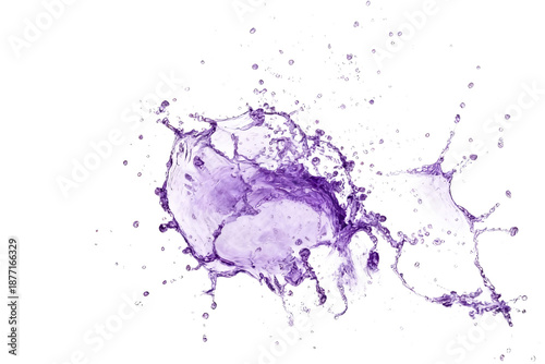 High-resolution abstract image of a purple liquid splash with droplets, showcasing fluid dynamics and vibrant color on a white background, ideal for creative design projects.