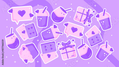 Lavender pattern featuring playing cards drinks and cupcakes for a romantic party atmosphere