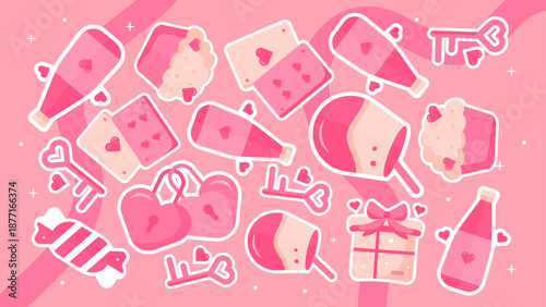 Festive valentine pattern showing champagne bottles cupcakes and heart shaped padlocks