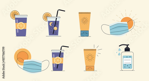 Summer essentials for safety and health protection against sun and germs for vacation