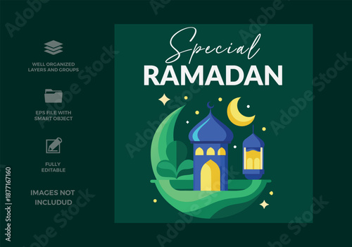 Special ramadan greeting card design featuring a mosque, crescent moon, and lantern