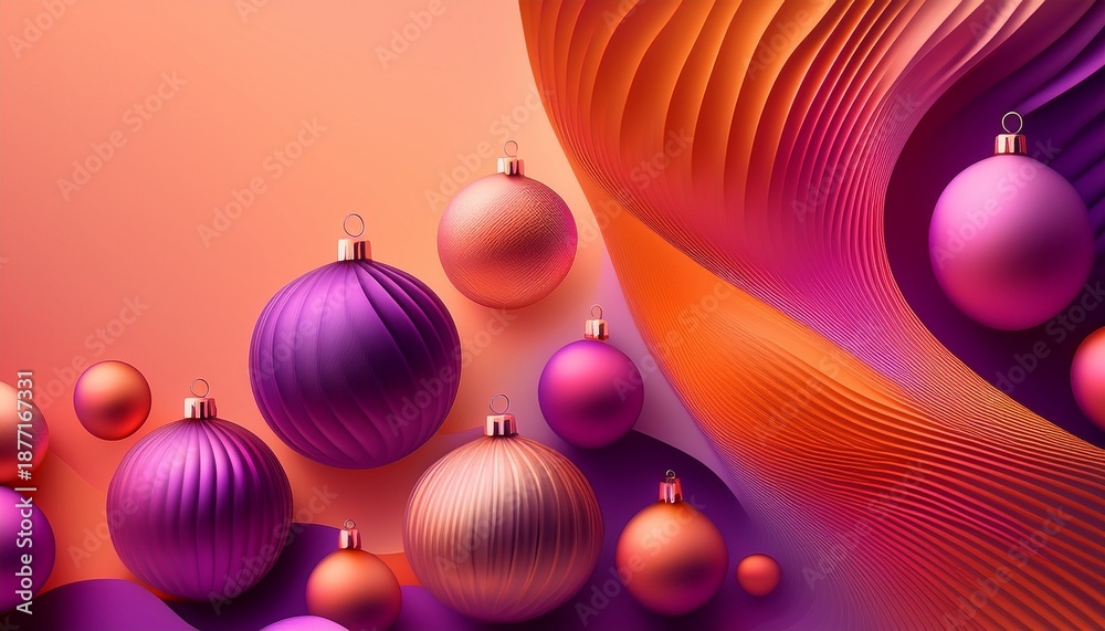 Fototapeta premium Baubles And Merry Christmas Modern Banner Card With Dynamic And Smooth Flowing Gradient Shapes In Plum Light Pink And Vibrant Orange