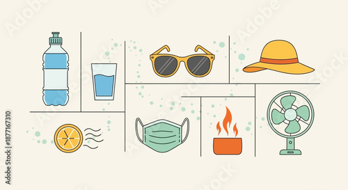 Summer essentials and health safety vector icons depicting the importance of hydration and