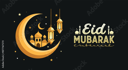 Elegant golden eid mubarak greeting with crescent moon, mosque, and traditional lanterns