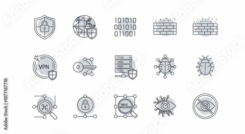 Cybersecurity Icons Set Featuring Network Protection and Data Security Concepts.
