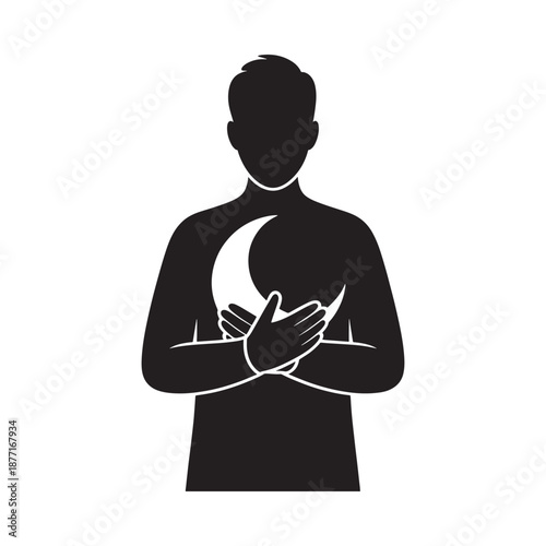 a black silhouette of a man holding a crescent moon