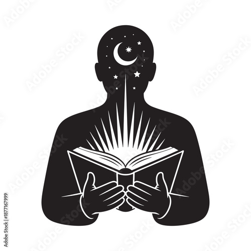 a person reading a book with celestial inspiration