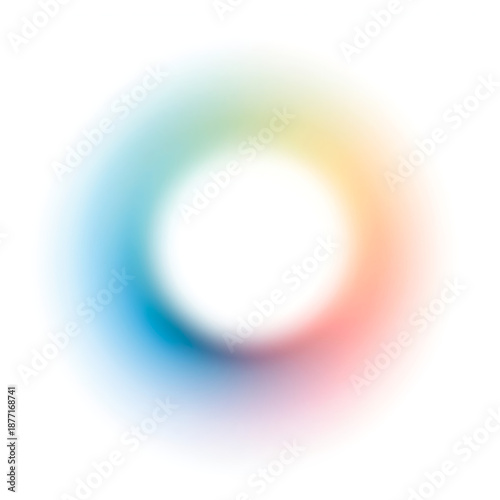 A soft, blurred circular ring featuring a gradient of rainbow colors transitioning from blue to cyan, yellow, and red, with a white center and a heavy bloom glow, set against a minimalist, clean white