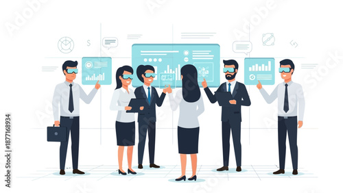 Team Using VR Headsets for Virtual Reality Business Meeting and Data Analysis