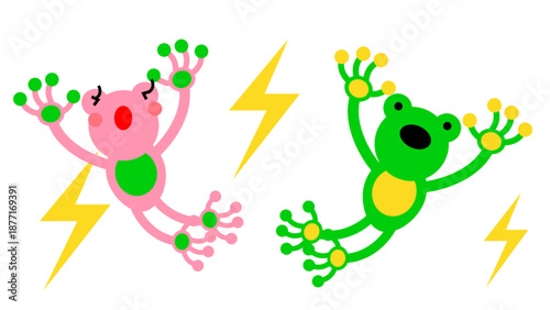 雷にびっくりするカエルを描いた梅雨のかわいいイラスト