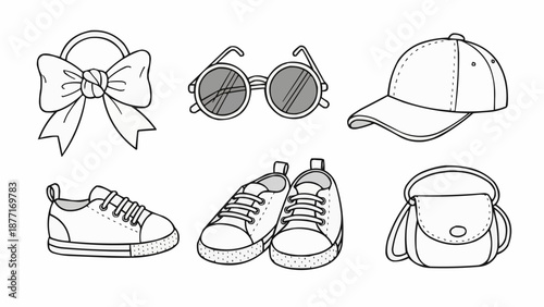 Collection of hand-drawn fashion accessories for children.