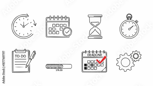 Collection of hand-drawn icons representing time management and planning concepts.