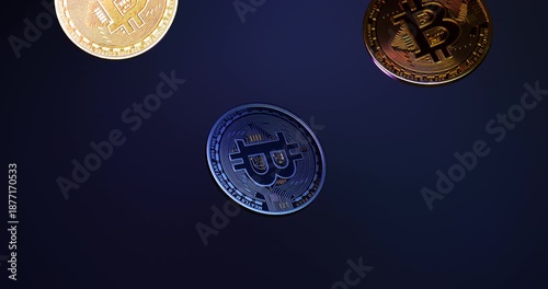 Falling Bitcoin Coins Passing Camera Crypto Animation