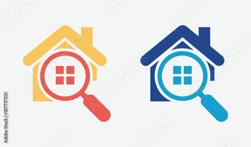 Magnifying glasses over homes illustrate real estate search isolated on white background