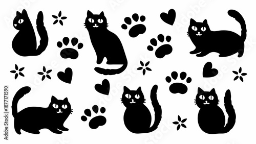 Adorable black cat silhouettes with hearts and flowers