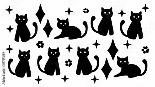 Whimsical black cat silhouettes with stars and flowers
