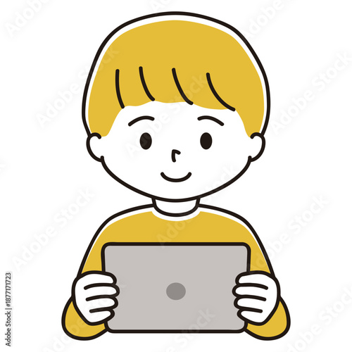 タブレット端末で勉強する男の子のイラスト