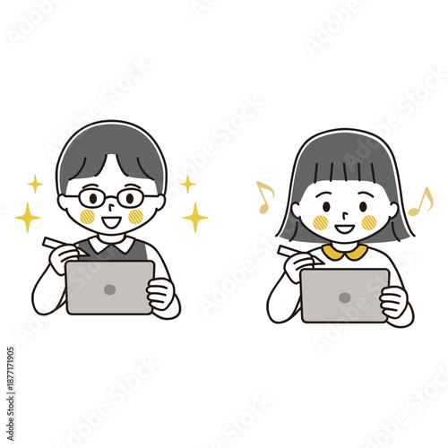 ペンタブを持ってタブレット端末で勉強する男の子と女の子のイラストセット　わくわく