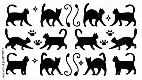 Collection of black cat silhouettes in various poses and designs