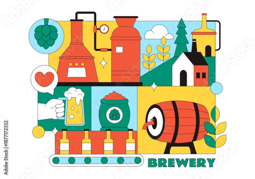 Brewery Production Process Vector Illustration Featuring Beer Tanks And Bottles Filled With Alcoholic Beverages for Fermentation on a Flat Background