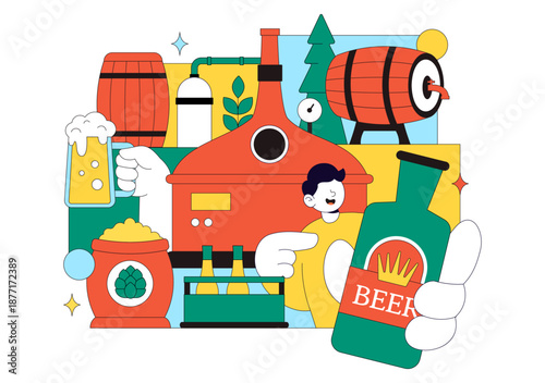 Brewery Production Process Vector Illustration Featuring Beer Tanks And Bottles Filled With Alcoholic Beverages for Fermentation on a Flat Background