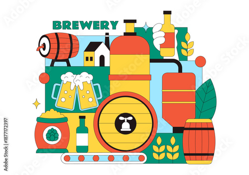 Brewery Production Process Vector Illustration Featuring Beer Tanks And Bottles Filled With Alcoholic Beverages for Fermentation on a Flat Background