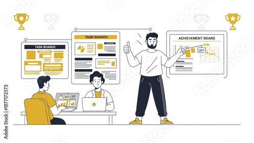 Teamwork meeting with task boards and achievement data visualization