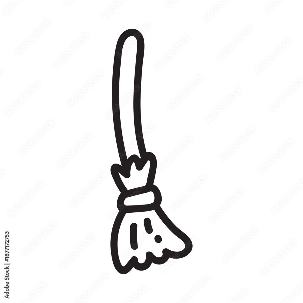 Fototapeta premium Hand-drawn witch broom doodle with magic stick and straw bristles. Halloween broomstick sketch perfect for coloring books, witchcraft art projects, and spooky seasonal designs.
