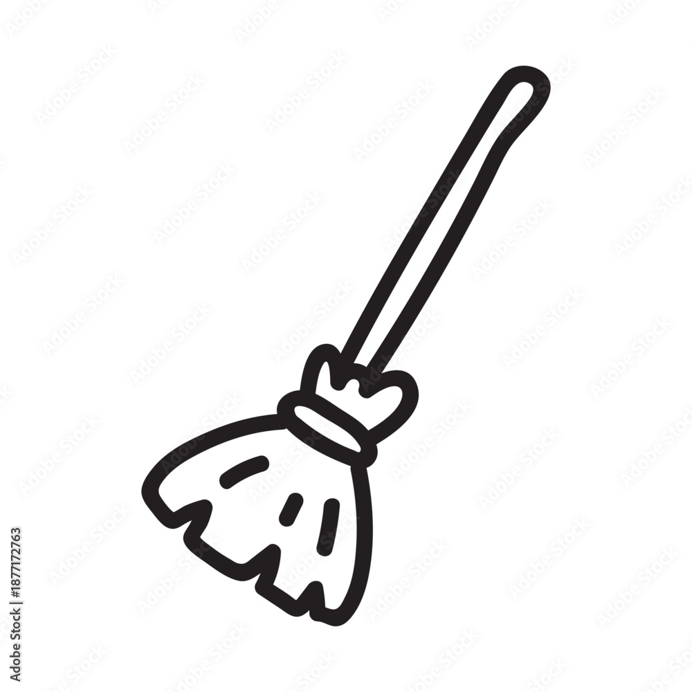 Naklejka premium Hand-drawn witch broom doodle with magic stick and straw bristles. Halloween broomstick sketch perfect for coloring books, witchcraft art projects, and spooky seasonal designs.