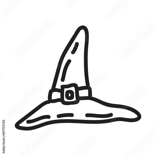 Halloween witch hat sketch in simple line art style. Cute doodle drawing with magic charm, perfect for coloring pages, vintage costume designs, and wizard-themed illustrations.