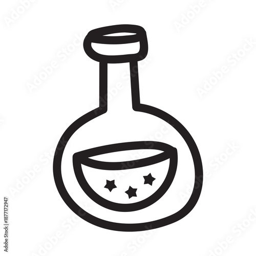 Vintage potion bottle drawing with mystical elements. Hand-drawn magic jar outline perfect for Halloween, witch themes, alchemy designs, and apothecary illustration