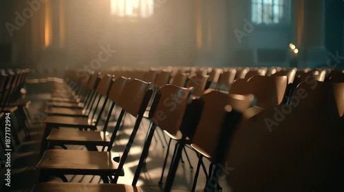 Rows of Empty Chairs in a Church Interior with Sunlight.