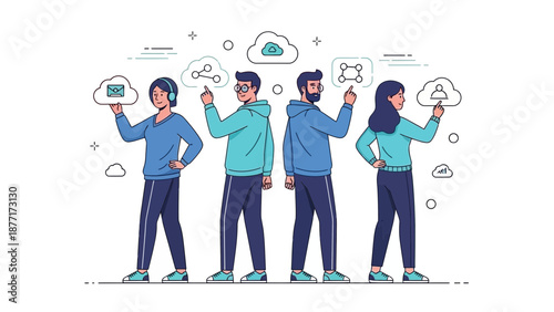 Diverse people interacting with cloud technology and data icons