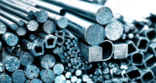 A collection of various metal rods and bars, showcasing different shapes and sizes, reflecting industrial materials in a polished, metallic finish.