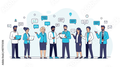 Diverse Team Discussing Ideas with Speech Bubbles and Laptops