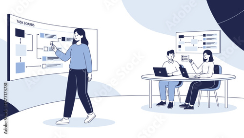 Teamwork Project Planning Meeting with Task Board and Laptops