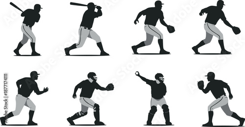 Eight Silhouette Baseball Players in Various Poses on White Background sport game