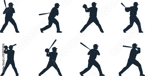 Eight Dark Blue Silhouettes of Baseball Players in Various Poses on White Background