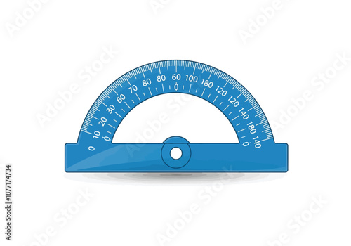 Blue protractor with precise angle markings for measuring geometric shapes and calculating degrees for educational and architectural purposes, isolated on white background